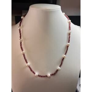 14k gold garnet and pearl station necklace 18 inches